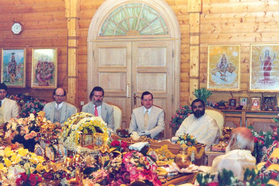 Girish Ji's with Maharishi Ji in his puja room 2002

Girish Ji is in Maharishi Ji's puja room with a group of prominent Global Leaders discussing establishment of new universities worldwide.

In picture left to right Mr. Gabriel Hartmann (son of Dr. Eike), Dr. Volker Schanbakhar (Scientist), Dr. Eike Hartmann (Head of Sthapatya Department at MERU and Minister of Reconstruction of the World-Maharishi Global Country of World Peace), Dr. Benjamin Feldman (Minister of Finance-Maharishi Global Country of World Peace) and Girish Ji (Education Minister-Maharishi Global Country of World Peace)
