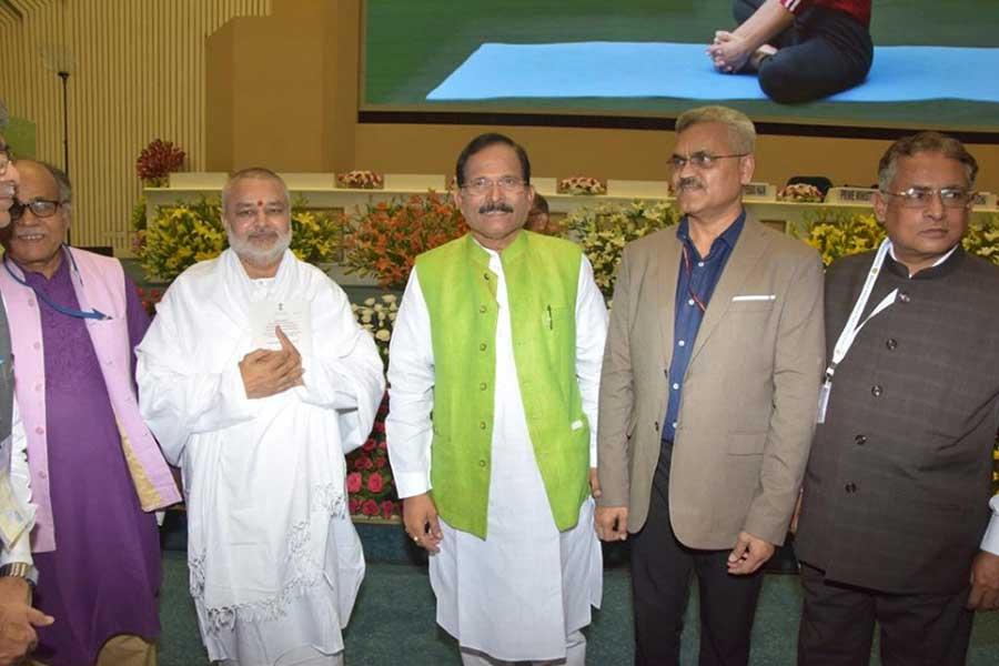 Brahmachari Girish Ji with Union Minister of Ayush Shri Shripad Naik Ji at Vigyan Bhawan Delhi with officials of Ayush Ministry, Government of India.