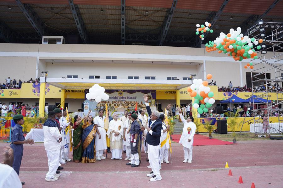 Brahmachari Girish Ji Hon'ble Chairman Maharishi Sansthan with the Directors and Principal at GMC Balayogi Athletic Stadium, Gachibowli, Hyderabad on 7th December 2024 for the school's Silver Jubilee Celebration.