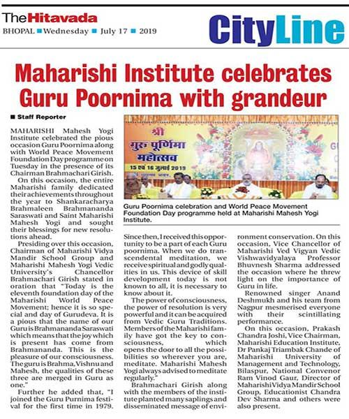 Guru Poornima Mahotsav organised in Maharishi Manglam Bhawan Maharishi Vidya Mandir Ratanpur school campus, Bhopal